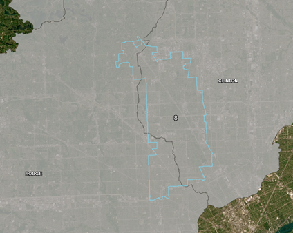 A website screenshot shows how State Senate District 8 (blue outline) overlaps with both the Clinton and the Rouge River watersheds (shown in gray).